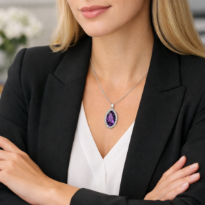Oval Diamond Cutting Pendant in Sterling Silver with Swarovski Amethyst