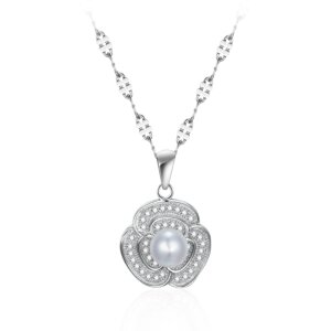 Round Floral Pendant in Sterling Silver with Composite Shell Pearl