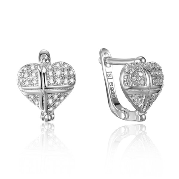 Heart-Shaped England Cross Clip Earrings in Sterling Silver with Cubic Zirconia