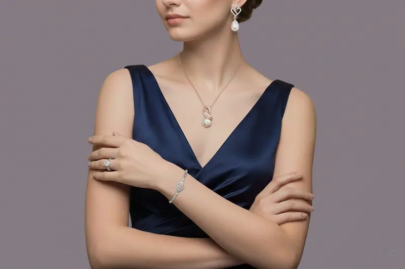Elegant lady is wearing necklace, earrings as well as ring banner image